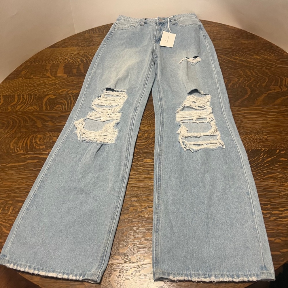 Flying Monkey Jeans Women 28 Light Blue Distressed Wide Leg High Rise Ripped Tag
